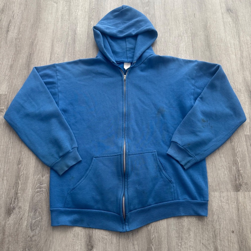 Vintage 80's Tultex Blue Full Zip Hoodie Mens Medium Blue Distressed Sweatshirt